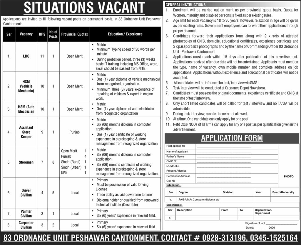 83 Ordnance Unit Peshawar Jobs 2026 advertisement showing vacant posts, BPS details, eligibility criteria, quotas, application form, and contact information.