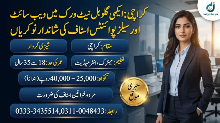 Computer Shop Jobs in Karachi advertisement for male and female sales and web staff with Matric or Intermediate education, salary details, age limit, and contact numbers.