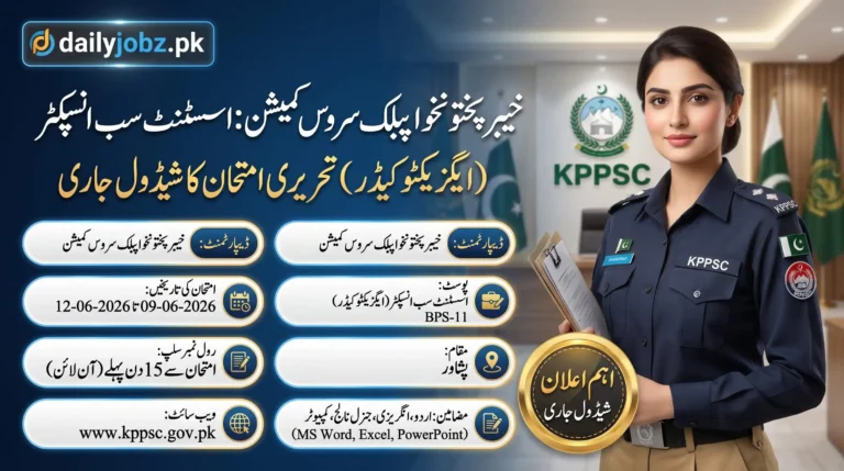KPPSC ASI Written Exam Schedule 2026 announcement banner with Assistant Sub Inspector exam dates, subjects, Peshawar venue, and KPPSC website details.
