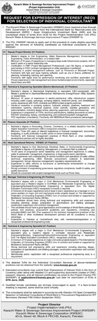KWSSIP Jobs 2026 advertisement for individual consultant vacancies in Karachi Water and Sewerage Services Improvement Project with application details and last date.