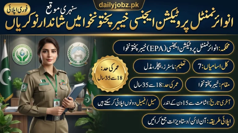 Khyber Pakhtunkhwa EPA Jobs 2026 advertisement banner showing latest Environmental Protection Agency EPA vacancies in KPK with eligibility details, age limit, education requirements, and online application information.