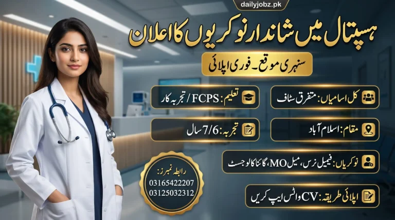Miscellaneous Staff Jobs 2026 announcement banner for hospital staff recruitment in Islamabad, showing a female doctor in a modern hospital with job details, required experience, education, and contact numbers.