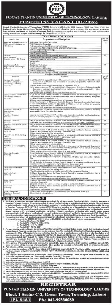 PTUT Lahore Jobs 2026 – Apply Online advertisement showing Punjab Tianjin University of Technology Lahore vacancies, eligibility, fee, and deadline.