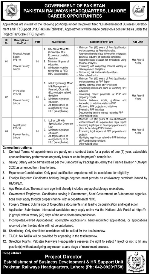 Pakistan Railways Lahore Jobs for PPS-10 Experts advertisement showing Financial Analyst, PPP Expert, and Legal Expert vacancies.