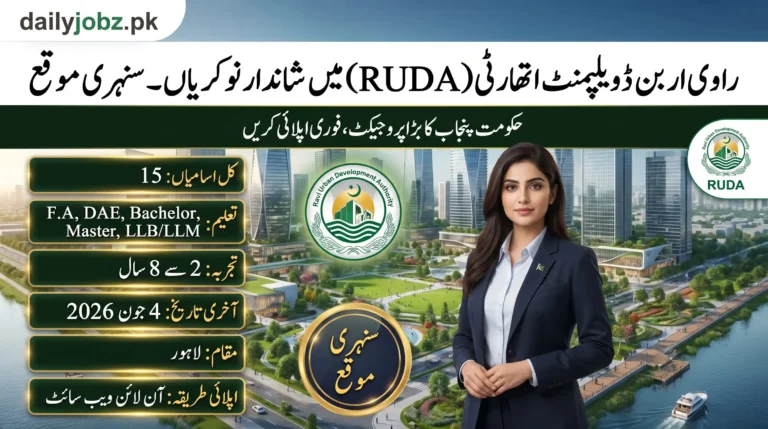 RUDA Jobs 2026 – Ravi Urban Development Authority hiring announcement with Punjab government job details, education requirements, experience, last date, and Lahore application method.