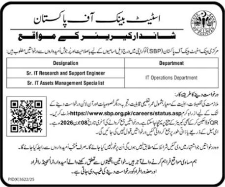 State Bank of Pakistan SBP Jobs 2026 advertisement for Sr IT Research and Support Engineer and Sr IT Assets Management Specialist in the IT Operations Department, with online apply details and last date 08 June 2026.
