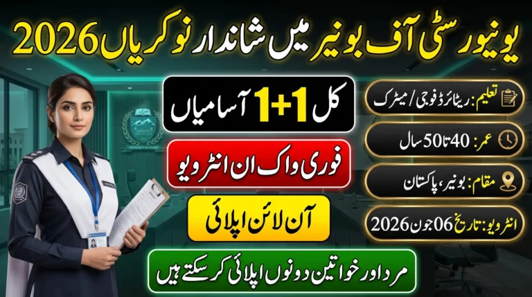 University of Buner Walk-In Interview 2026 Jobs thumbnail showing security staff vacancies, online application details, eligibility, age limit, and interview date in Urdu.