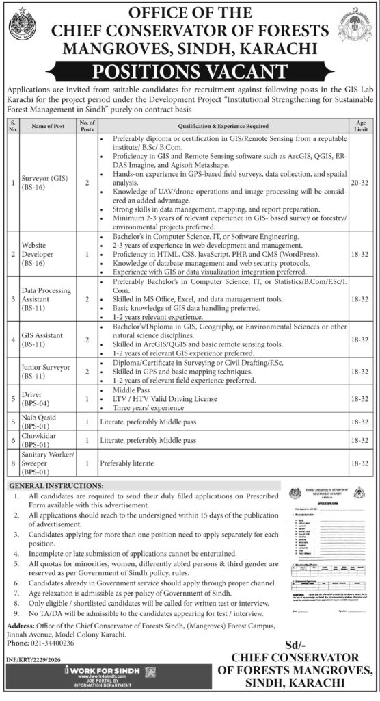 Chief Conservator of Forests Sindh Jobs 2026 official advertisement showing vacant positions, eligibility criteria, age limits, and application instructions for Karachi vacancies.