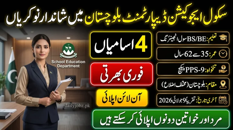 Deputy Project Director Jobs 2026 Balochistan announced by School Education Department with 4 vacancies for BS/BE Civil Engineering candidates across Balochistan.