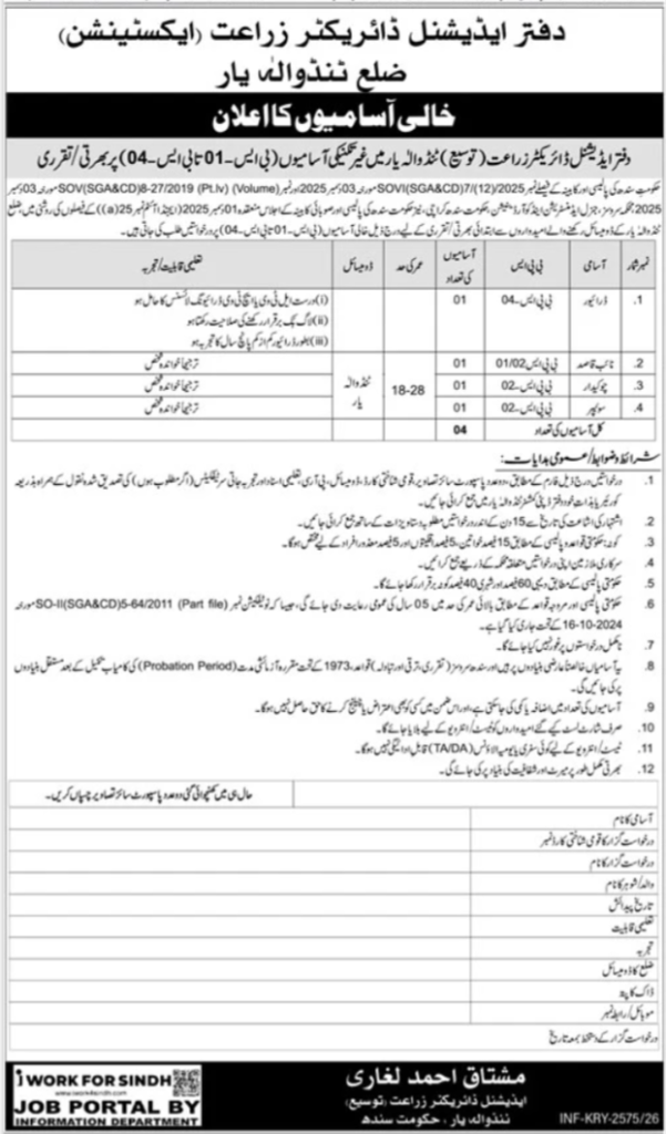 District Agriculture Extension Shaheed Benazirabad Jobs 2026 official advertisement announcing 4 government vacancies for Driver, Naib Qasid, Chowkidar, and Sanitary Worker posts in Shaheed Benazirabad, Sindh.