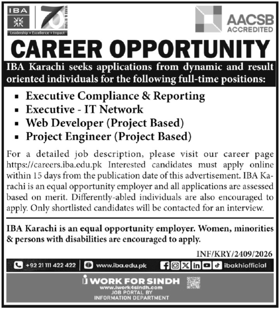 IBA Karachi Jobs 2026 Apply Online advertisement announcing Executive Compliance & Reporting, Executive IT Network, Web Developer, and Project Engineer vacancies at IBA Karachi.