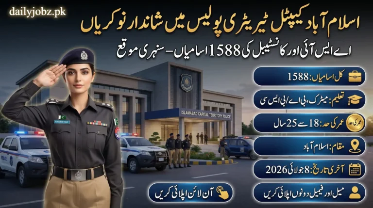 ICT Police Jobs 2026 Apply Online for ASI & Constable – official recruitment advertisement showing Islamabad Capital Territory Police vacancies, eligibility criteria, and application details.