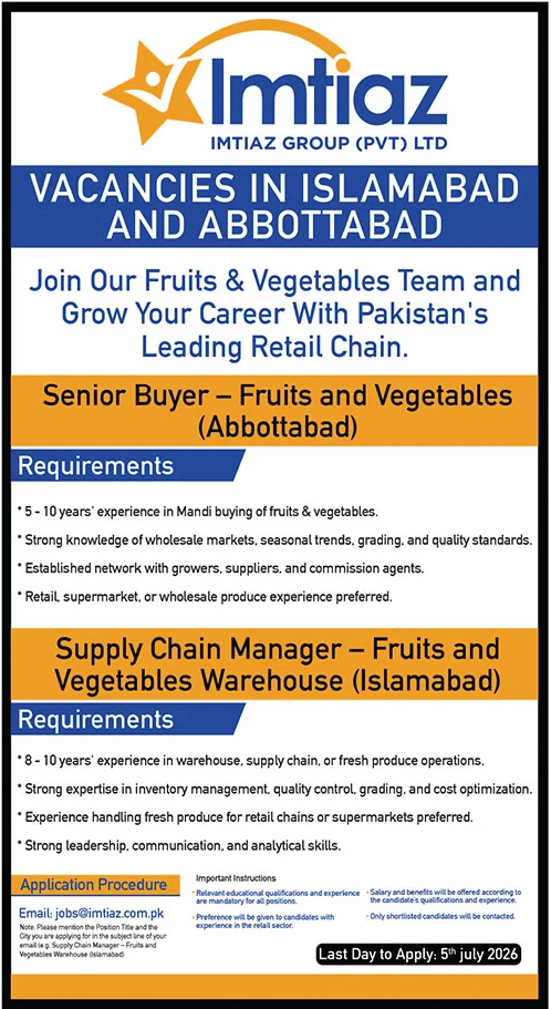 Imtiaz Group Jobs 2026 in Islamabad and Abbottabad official job advertisement announcing Senior Buyer and Supply Chain Manager vacancies in the Fruits and Vegetables department with application deadline details.