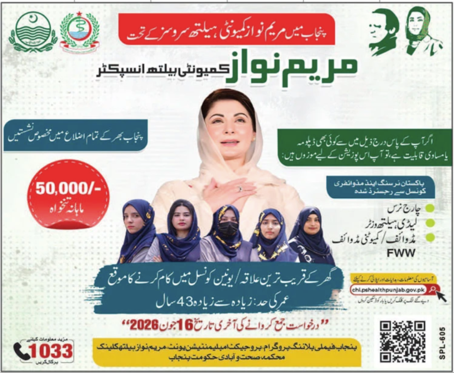 Maryam Nawaz Community Health Inspector Jobs 2026 advertisement poster featuring Punjab government health department recruitment for Community Health Inspectors, highlighting a monthly stipend of Rs. 50,000, eligibility criteria, female healthcare workers, online application details, and the application deadline in Punjab, Pakistan.