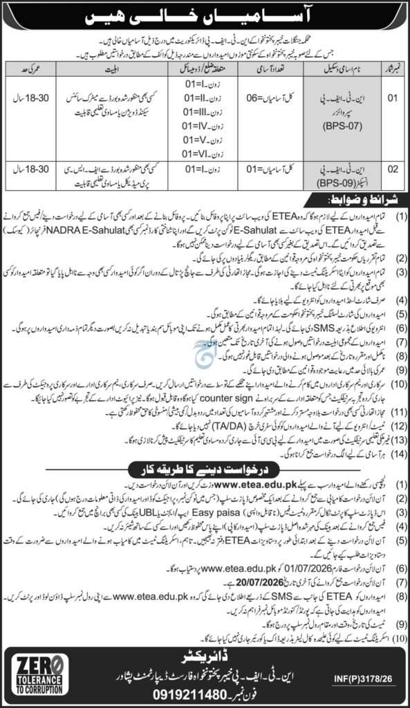 NFC Peshawar Jobs 2026 Apply Online via ETEA official advertisement featuring NFC-P Operator (BPS-07) and NFC-P Inspector (BPS-09) vacancies, eligibility criteria, application procedure, and last date to apply.
