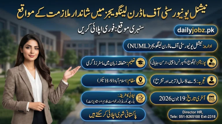 NUML Language Experts Jobs 2026 feature image showing National University of Modern Languages Islamabad job details for Chinese, German, and Japanese language expert positions.