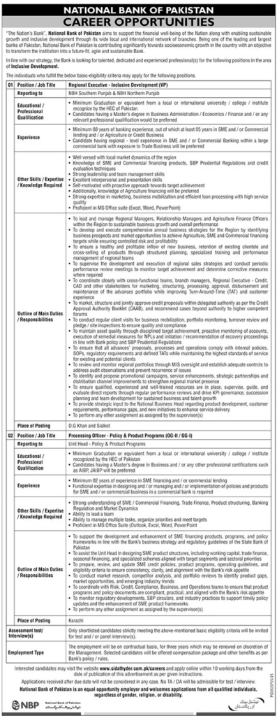 National Bank of Pakistan Jobs 2026 Apply Online advertisement featuring Regional Executive and Product Officer vacancies with eligibility criteria, job locations, and online application details.
