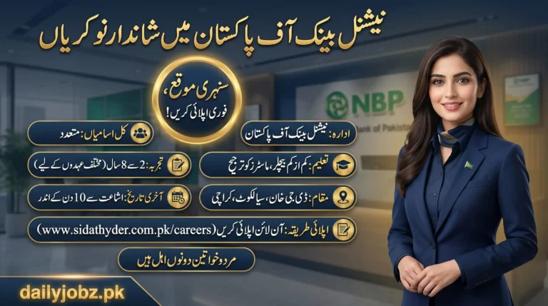 National Bank of Pakistan Jobs 2026 Apply Online advertisement showing NBP career opportunities, eligibility criteria, job locations, application process, and latest banking vacancies in Pakistan.