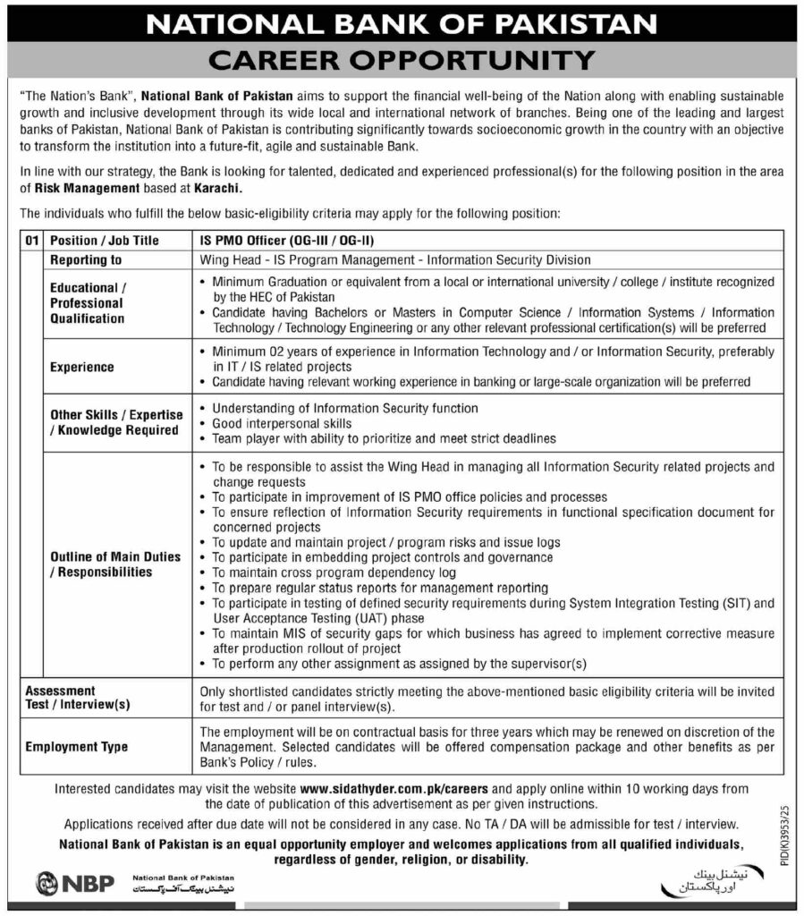 National Bank of Pakistan Jobs 2026 for IS PMO Officer – Official NBP job advertisement for IS PMO Officer (OG-II/OG-III) in Karachi including education, experience, responsibilities, and application process.