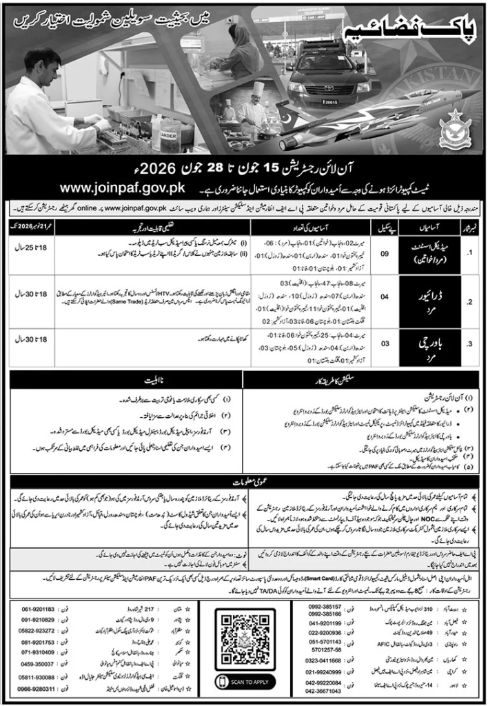 PAF Civilian Jobs 2026 Online Registration advertisement featuring Medical Assistant (Female), Draftsman, and Cook vacancies with online registration dates, eligibility criteria, age limits, and application details through the official PAF recruitment portal.