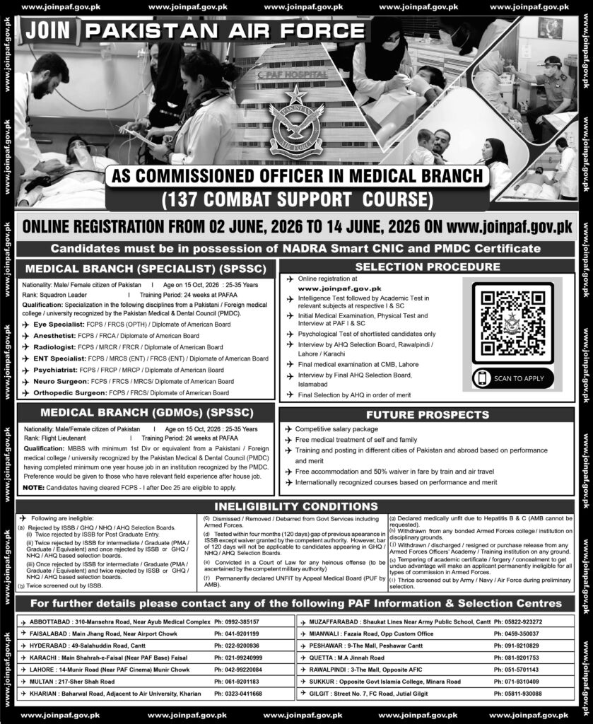 PAF Medical Branch Jobs 2026 Apply Online advertisement showing Pakistan Air Force commissioned officer medical branch registration dates, eligibility, and selection process.