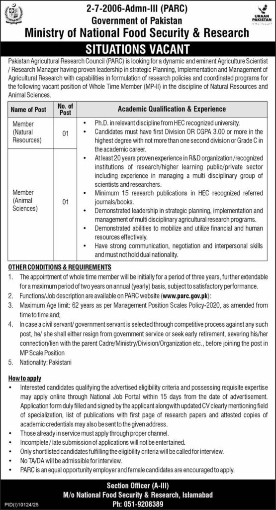 PARC Jobs 2026 Apply Online for Member Posts advertisement by Pakistan Agricultural Research Council (PARC) showing Member Natural Resources and Member Animal Sciences vacancies, eligibility criteria, and application details.