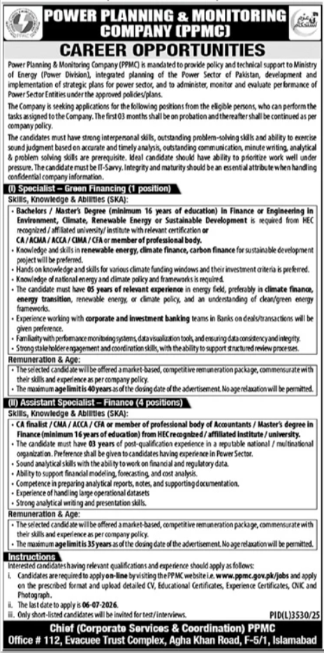 PPMC Jobs 2026 Apply Online for Finance Posts advertisement featuring Specialist Green Financing and Assistant Specialist Finance vacancies with eligibility criteria, age limits, and application deadline details.