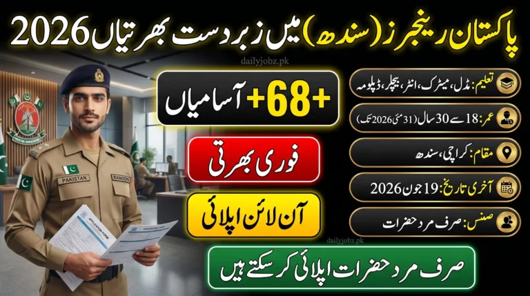 Pakistan Rangers Sindh Jobs 2026 Apply Online feature image highlighting 68+ vacancies for Sepoy Clerk, General Duty, Cook, and other posts with eligibility, age limit, and application deadline details.