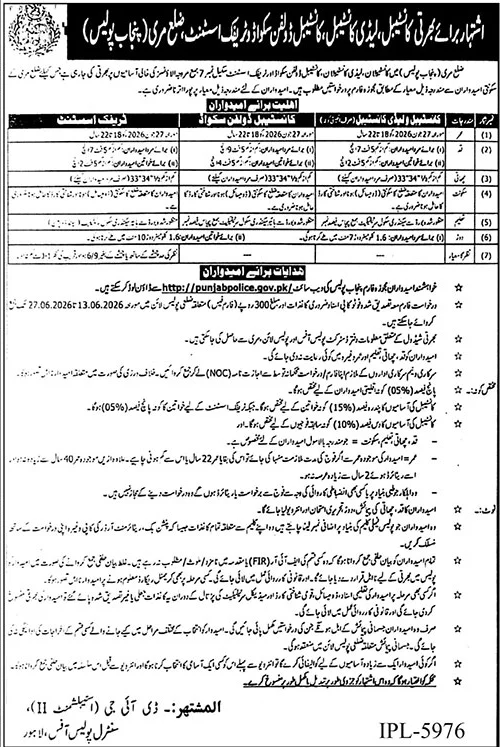 Official Punjab Police recruitment advertisement for Punjab Police Mianwali Jobs 2026 Apply Now, announcing Constable, Lady Constable, and Dolphin Squad Constable vacancies with eligibility criteria, physical standards, application fee, and last date to apply.