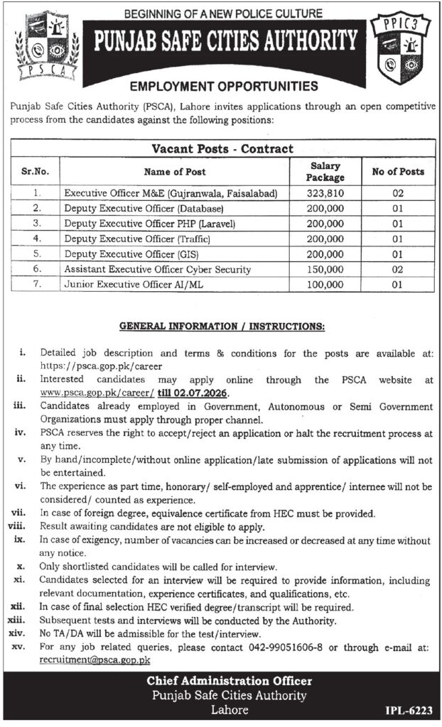 Punjab Safe Cities Authority Jobs 2026 Apply Online advertisement showing PSCA Lahore contract vacancies for Executive Officer, Deputy Executive Officer, Cyber Security, GIS, Database, PHP Laravel, and AI/ML positions with salary details and application deadline.