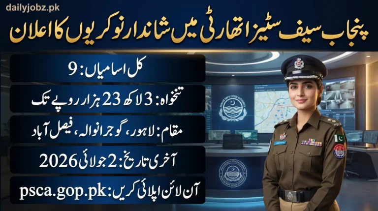 Punjab Safe Cities Authority Jobs 2026 Apply Online advertisement featuring PSCA recruitment details, 9 vacancies, salary up to Rs. 323,810, application deadline 2 July 2026, and online registration through psca.gop.pk.