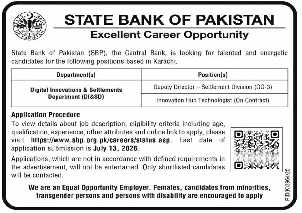 State Bank of Pakistan Jobs 2026 Apply Online – Official SBP career advertisement for Deputy Director and Innovation Hub Technologist positions in the Digital Innovations & Settlements Department (DI&SD), Karachi.