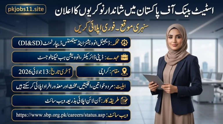 State Bank of Pakistan Jobs 2026 Apply Online official recruitment banner showing Deputy Director and Innovation Hub Technologist vacancies in Karachi with application deadline and online application details.