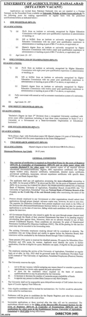 University of Agriculture Faisalabad Jobs 2026 Apply Online official advertisement showing Registrar, Controller of Examinations, Deputy Registrar, Estate Officer, and Research Assistant vacancies with eligibility and application details.