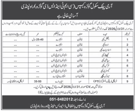 Army Public School Rawalpindi Jobs 2026 official advertisement showing teaching and PTI vacancies, eligibility criteria, age limit, application deadline, and contact information.