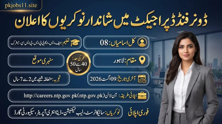 Donor Funded Project Jobs 2026 advertisement featuring multiple career opportunities in Lahore, including Psychiatrist, Lab Technician, Data Entry Operator, and Security Guard positions with eligibility, age limit, and application details.