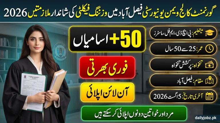 Government College Women University Faisalabad Jobs 2026 feature image showing visiting faculty registration, 50+ vacancies, online application, eligibility details, and last date to apply