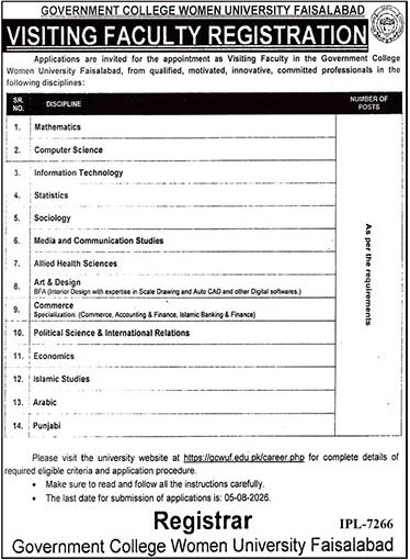 Government College Women University Faisalabad Jobs 2026 official visiting faculty registration advertisement featuring available teaching disciplines, eligibility information, and application deadline.