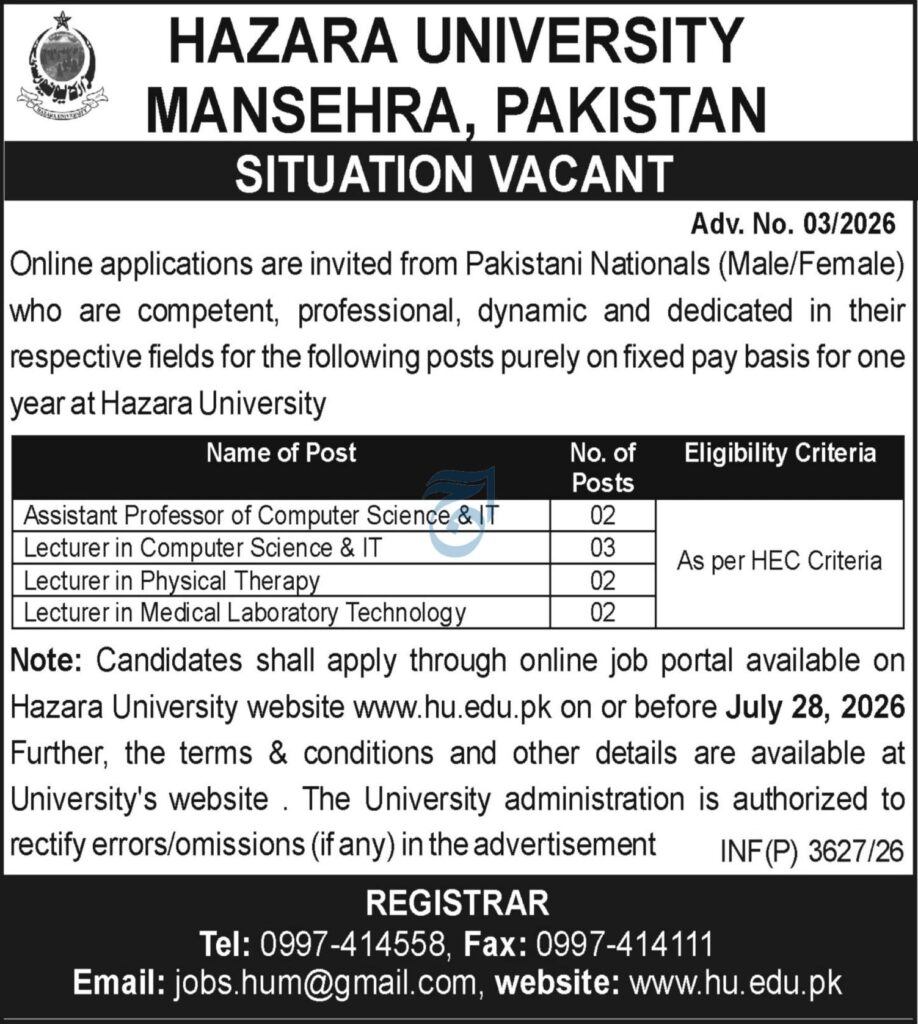 Hazara University Mansehra Jobs 2026 official advertisement featuring Assistant Professor and Lecturer vacancies with HEC criteria and online application details.