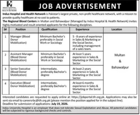 Indus Hospital Blood Donor Mobilization Jobs 2026 advertisement image featuring Manager, Assistant Manager, Senior Executive, and Executive vacancies in Multan and Bahawalpur with education, experience, and application deadline details.