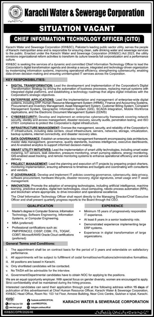 Karachi Water & Sewerage Corporation CITO Jobs 2026 official advertisement featuring the Chief Information Technology Officer (CITO) vacancy, eligibility criteria, qualifications, experience requirements, and application process.