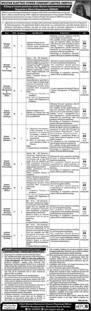 MEPCO Jobs 2026 official advertisement showing Manager, Deputy Manager, and Assistant Manager vacancies in the Market Implementation & Regulatory Affairs Department (MIRAD).