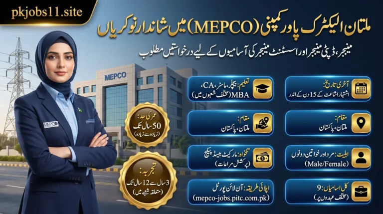 MEPCO Jobs 2026 advertisement featuring Multan Electric Power Company career opportunities for Manager, Deputy Manager, and Assistant Manager positions in Pakistan.