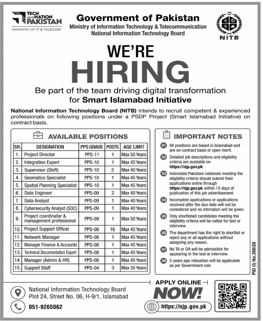 National Information Technology Board NITB Jobs 2026 official recruitment advertisement for Smart Islamabad Initiative featuring multiple contract-based vacancies and online application details.