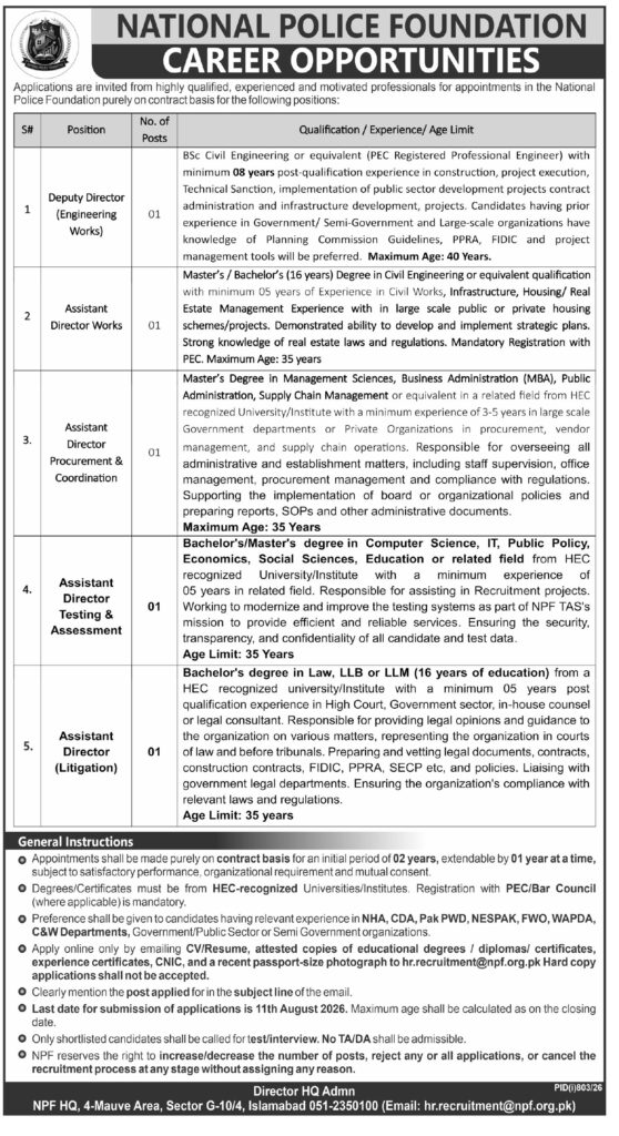 National Police Foundation Jobs 2026 advertisement showing the latest NPF career opportunities, available vacancies, eligibility criteria, age limit, and application deadline in Islamabad.