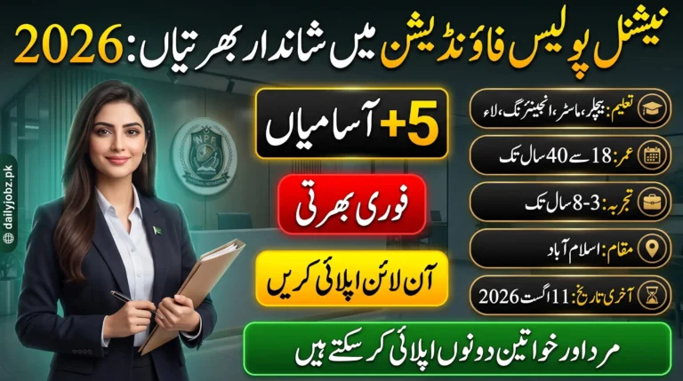 National Police Foundation Jobs 2026 feature image showing latest NPF career opportunities in Islamabad with 5+ vacancies, eligibility details, age limit, and online application information.