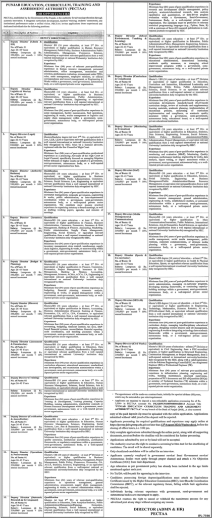PECTAA Jobs 2026 official advertisement featuring Deputy Director vacancies, eligibility criteria, salary of Rs. 350,000 per month, and application deadline.