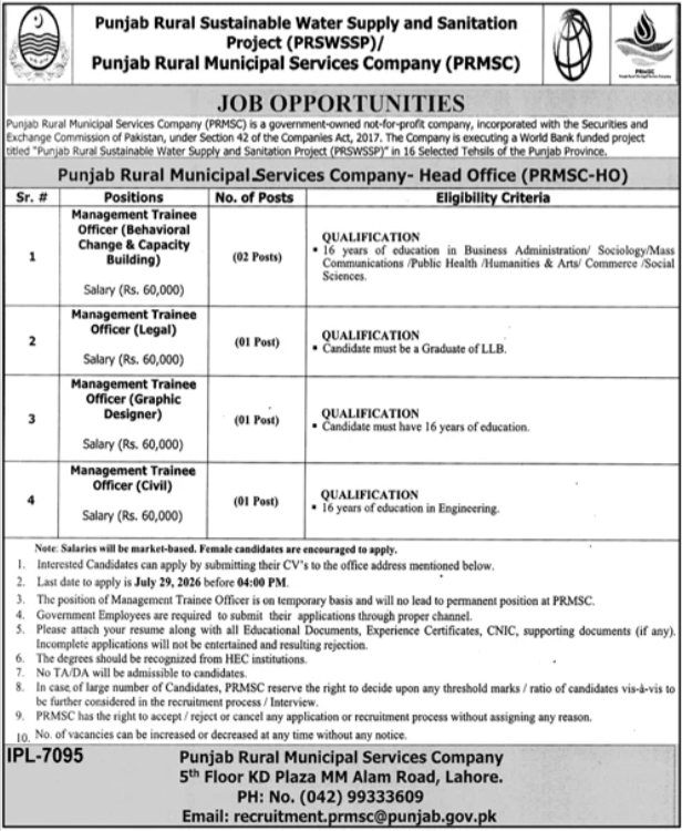 PRMSC Jobs 2026 official advertisement featuring Management Trainee Officer vacancies, eligibility criteria, Rs. 60,000 salary, and application deadline at Punjab Rural Municipal Services Company (PRMSC).