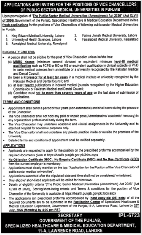 Public Sector Medical Universities Vice Chancellor Jobs 2026 official advertisement featuring Vice Chancellor vacancies in Punjab medical universities, eligibility criteria, application process, and closing date.