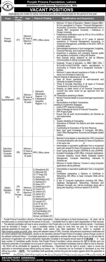 Punjab Prisons Foundation Jobs 2026 official advertisement showing Finance Manager, Office Superintendent, Data Entry Operator, and System Operator vacancies with eligibility and application details.